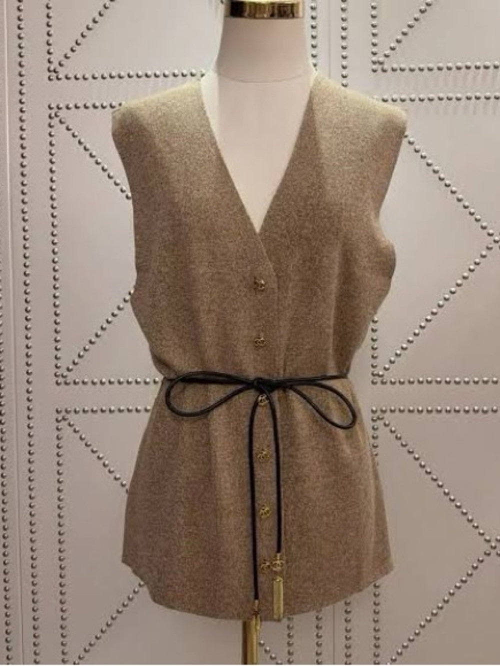 CHANEL Taupe Wool V-Neck Sleeveless Tunic Vest with Slim Belt